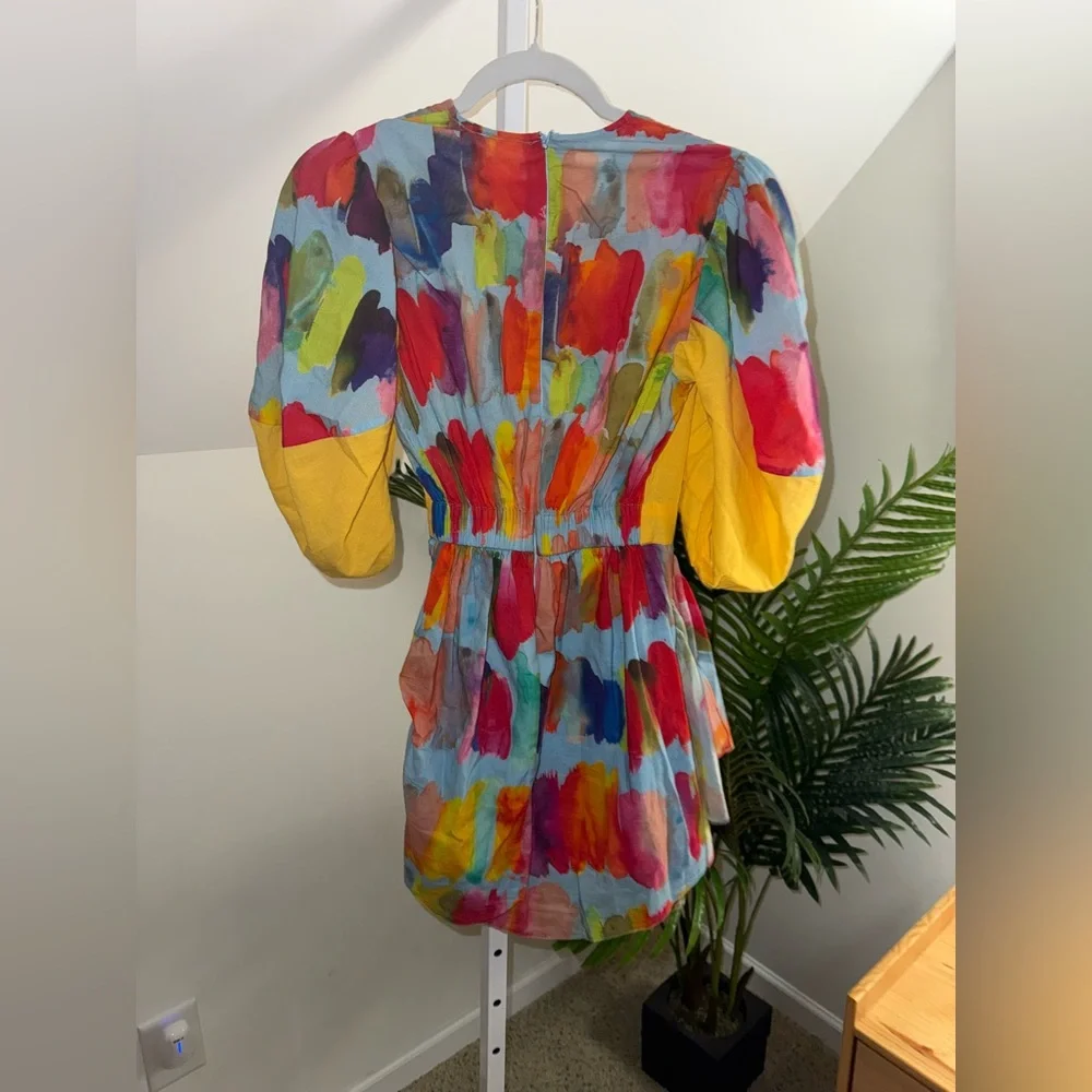 Rhode Pia Mini Dress Puff-Sleeve Brush Strokes Multicolor Water Small XS - Picture 7 of 7